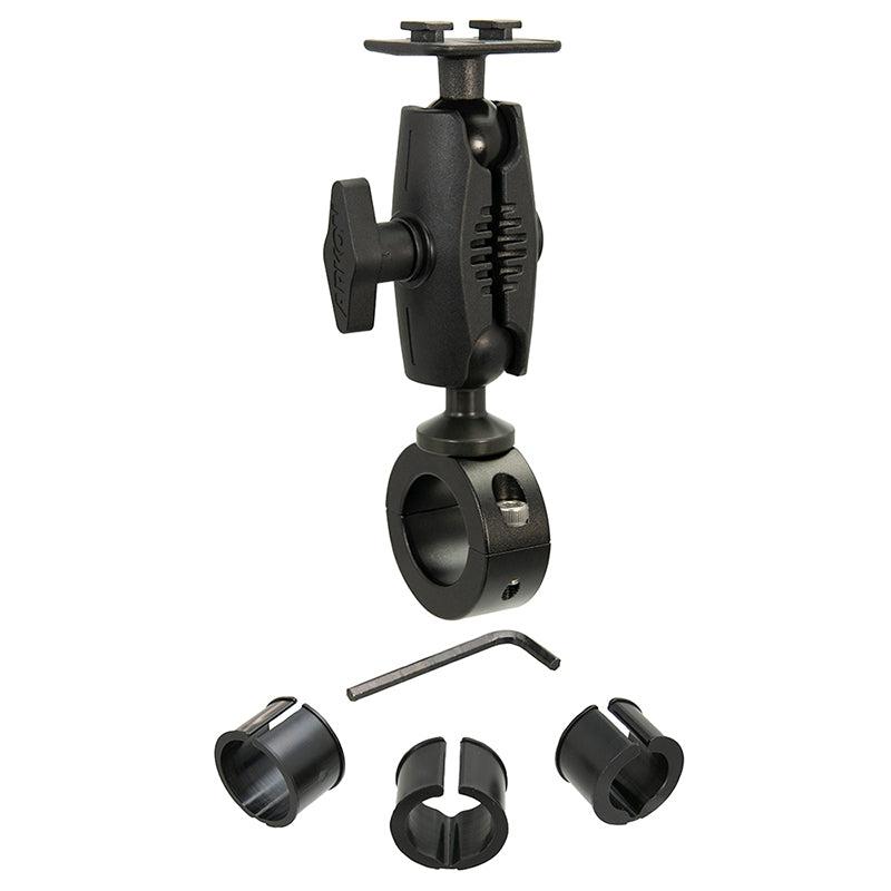 An Aluminum Motorcycle Handlebar Mount with a dual-T compatible head, adjustable clamp, insert sleeves, and Allen wrench—ideal as a universal smartphone holder—shown on a white background.