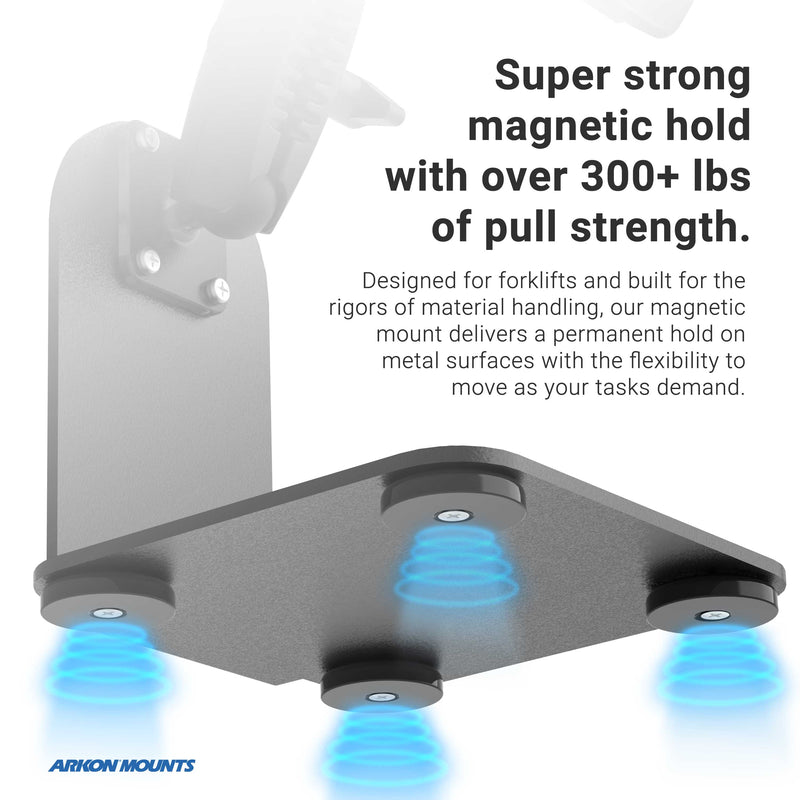 The SteadyMag™ Magnetic Mount System with RoadVise® Ultra Phone Holder features three blue glowing magnets with 300+ lb pull strength, securely attaching to metal—ideal as a warehouse vehicle phone holder for forklifts and material handling.
