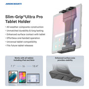 Arkon Mounts Slim-Grip® Ultra Pro Tablet Mount with 8″ Adjustable Arm & AMPS Drill Base holds a tablet, demonstrating its stability and universal compatibility with 7.1-inch to 18.4-inch devices.
