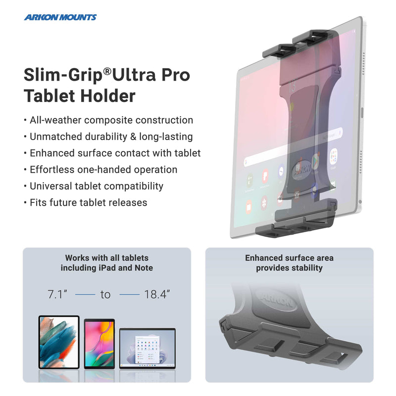 Arkon Mounts Slim-Grip® Ultra Pro Tablet Mount with 8″ Adjustable Arm & AMPS Drill Base holds a tablet, demonstrating its stability and universal compatibility with 7.1-inch to 18.4-inch devices.