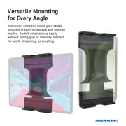 The Arkon Mounts Slim-Grip® Ultra Pro Tablet Mount with 8″ Adjustable Arm & AMPS Drill Base shown in both landscape and portrait orientations, with promotional text detailing its versatility and adjustability.