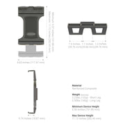 Technical diagrams of the Slim-Grip® Ultra Pro Tablet Mount with 8″ Adjustable Arm & AMPS Drill Base showing front, top, and side views with precise measurements, weight, and material specifications.