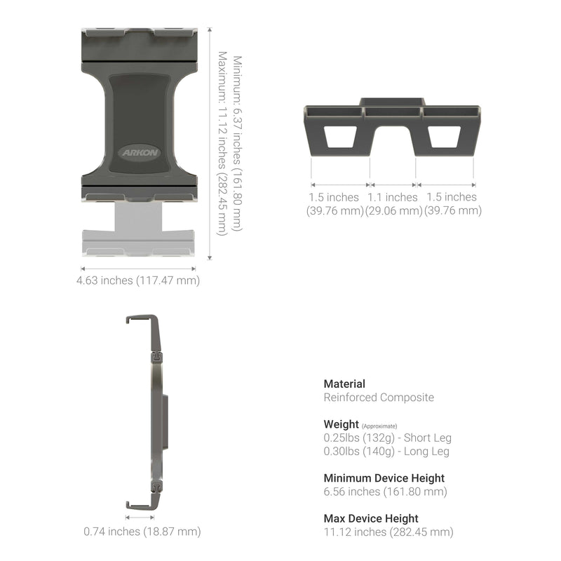 Technical diagrams of the Slim-Grip® Ultra Pro Tablet Mount with 8″ Adjustable Arm & AMPS Drill Base showing front, top, and side views with precise measurements, weight, and material specifications.