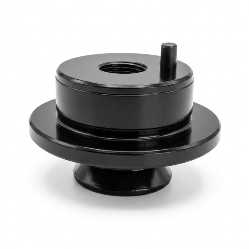 A black metal Replacement Base Piece for the 22″ Adjustable Arm Seat Rail Mount by Arkon Mounts, featuring a central threaded hole, a round base, and a small cylindrical peg on one side. The part is photographed on a white background.