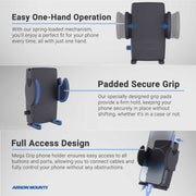 Phone Cup Holder Mount with Mega Grip™ Holder - 25mm features a spring-loaded grip for one-handed operation, padded sides for a secure and protective hold, and an open-bottom design that enables easy cable access—making it an ideal universal mount for car use. Three visual angles showcase each feature with blue arrows and descriptive text, demonstrating how this cup holder phone mount fits perfectly in your vehicle. The Arkon Mounts logo is displayed at the bottom left.