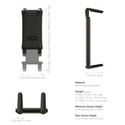 Phone Cup Holder Mount with Slim-Grip® Ultra Holder – 25mm: This black, reinforced composite device features adjustable arms to fit phones with widths of 2.38 inches and heights from 4.18 to 7.25 inches, providing durability and stability for hands-free use. Perfect as a car cup holder phone mount or for versatile mounting needs anywhere, it includes three angled views and a list of detailed dimensions.