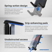 The Phone Cup Holder Mount with Slim-Grip® Ultra Holder - 25mm features a spring-action, universal design and rubberized pads for enhanced grip, along with a minimalist construction that ensures unobstructed access to your phone’s buttons and ports. Perfect for hands-free use in your car’s cup holder, this mount displays the Arkon Mounts logo on the bottom right.