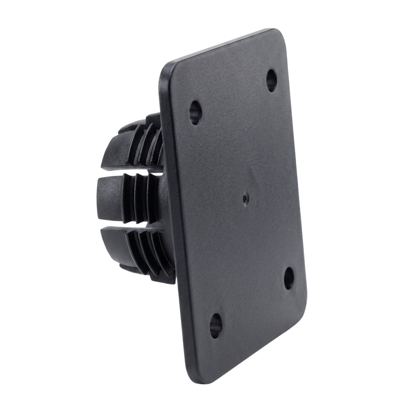 Arkon Mounts’ Ball Socket to AMPS Mounting Plate features a black plastic rectangular end cap with four holes, engineered to fit into a square tube. The part includes a grooved, ribbed insert section with a smooth flat plate facing outward, and is compatible with the AMPS mounting pattern for versatile attachment options.