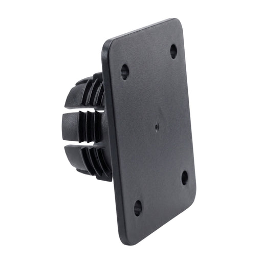 Arkon Mounts’ Ball Socket to AMPS Mounting Plate features a black plastic rectangular end cap with four holes, engineered to fit into a square tube. The part includes a grooved, ribbed insert section with a smooth flat plate facing outward, and is compatible with the AMPS mounting pattern for versatile attachment options.
