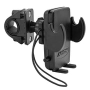 The Mega Grip™ Phone Holder with Handlebar Mount is a black, adjustable plastic holder with padded grips, rotating joint, mounting bracket, and tension strap for secure attachment to handlebars or similar surfaces.