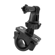 The Bike or Motorcycle GoPro Handlebar Mount for GoPro HERO Action Cameras is a black plastic mounting bracket with an adjustable arm, designed to secure your camera to bike or motorcycle handlebars and similar tubular surfaces.