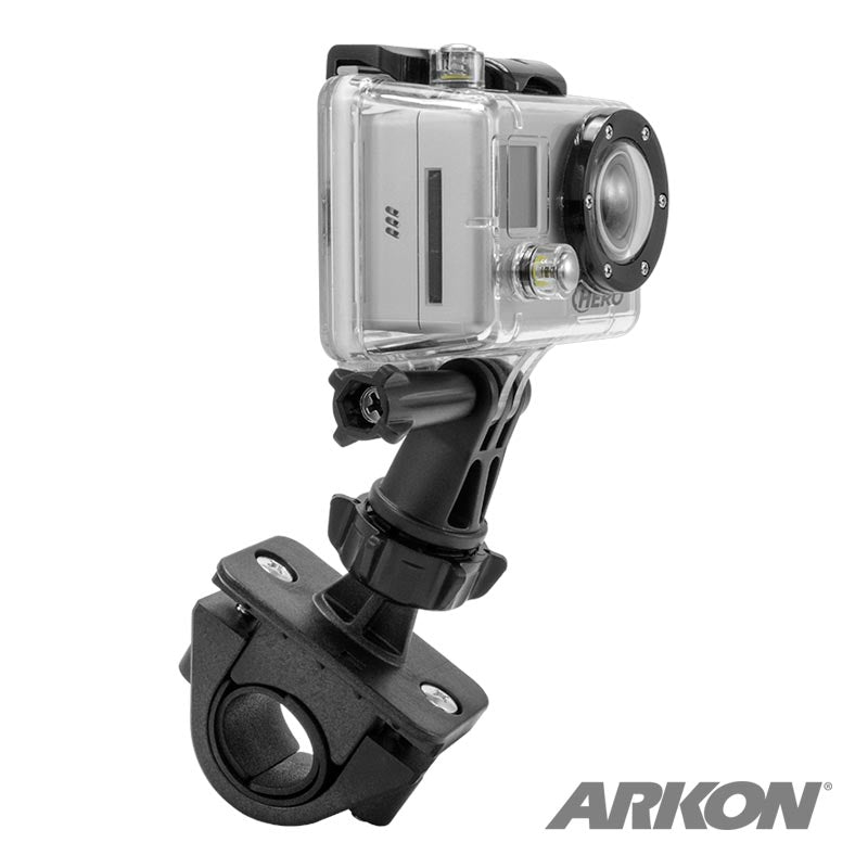 A GoPro HERO action camera in a clear case is mounted on the Bike or Motorcycle GoPro Handlebar Mount for GoPro HERO Action Cameras, with the Arkon logo visible in the bottom right corner.