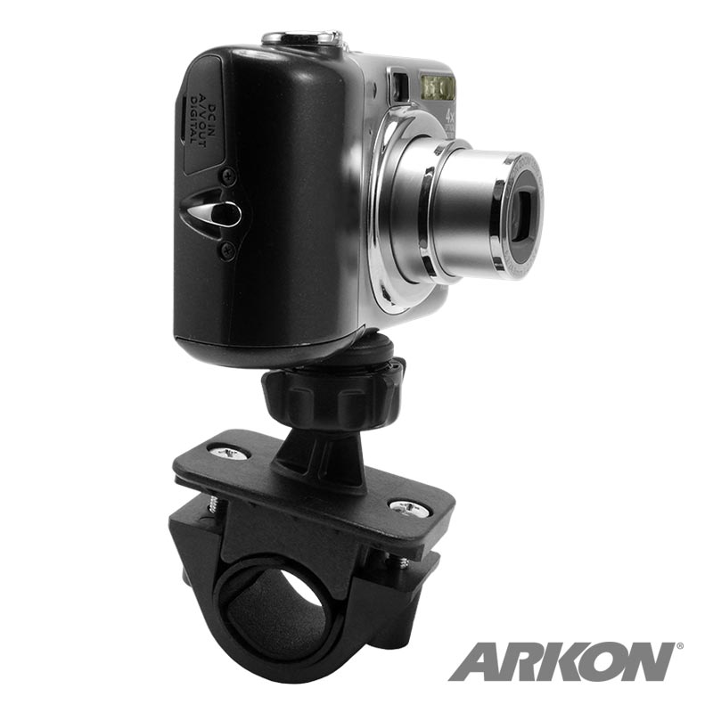 The ARKON Bike or Motorcycle Handlebar Camera Mount securely attaches Canon, Sony, Samsung, Panasonic, or Nikon cameras with a 1/4-20 mount to your bike. The ARKON logo is shown in the bottom right corner.