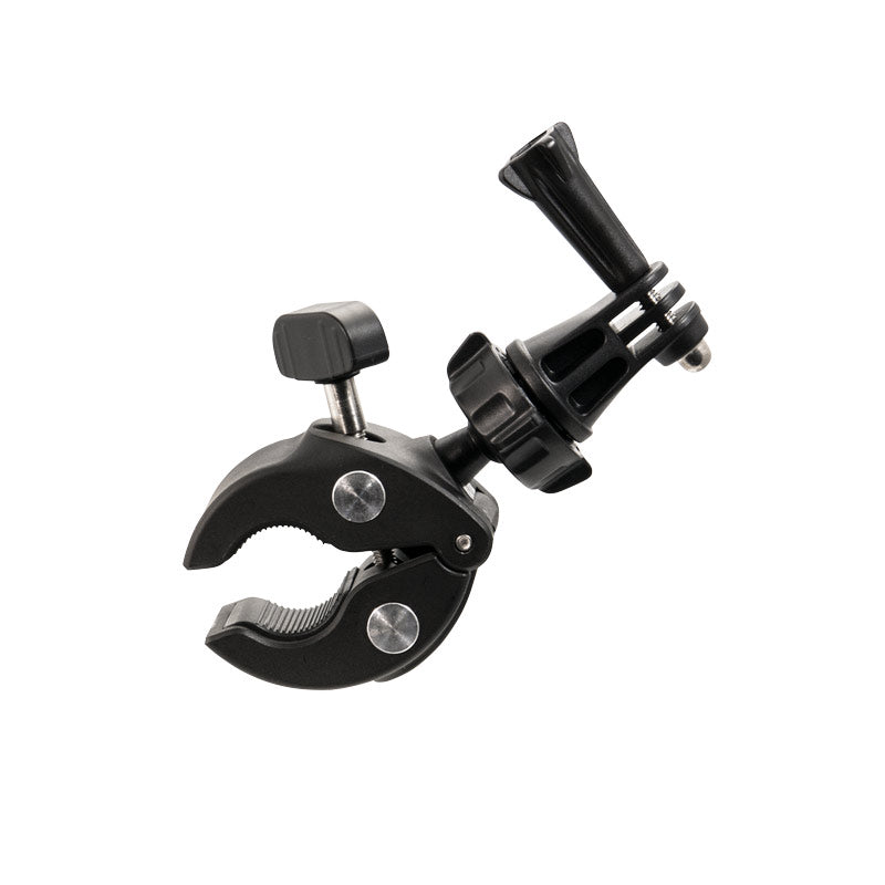 The Clamp Mount with GoPro Mount is a black, adjustable clamp featuring a tightening screw and GoPro-style attachment, perfect for action cameras. Shown isolated on a white background.