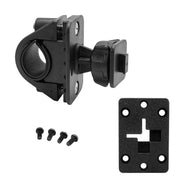 The Bike or Motorcycle Handlebar Mount for XM and Sirius Satellite Radio includes a black plastic bracket with clamp, rectangular 4-hole AMPS plate, single T-slot mount, and four screws, all displayed on a white background.