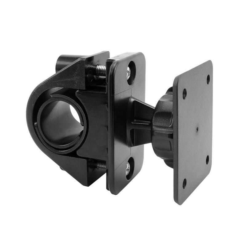 The Bike or Motorcycle Handlebar Mount with AMPS Head for Satellite Radios features a black adjustable bracket with a square plate and cylindrical clamp, ideal for securely mounting devices to handlebars.