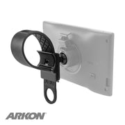 A Bike or Motorcycle Handlebar Strap Mount for Garmin nuvi GPS models is attached to the back of a Garmin device, showing their rear view. The Arkon logo appears in the bottom left corner.