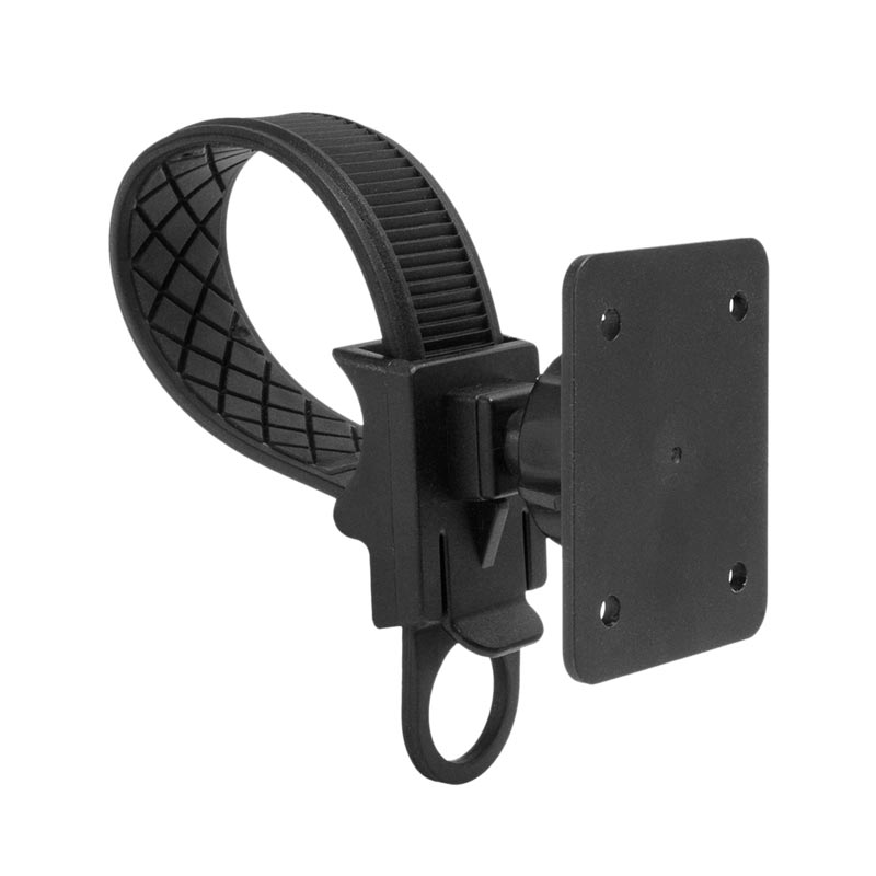 The Bike or Motorcycle Handlebar Strap Mount with AMPS Head for Satellite Radios features a black adjustable bracket with a square AMPS plate and screw holes, plus a flexible ribbed strap loop—perfect for mounting satellite radios on handlebars.