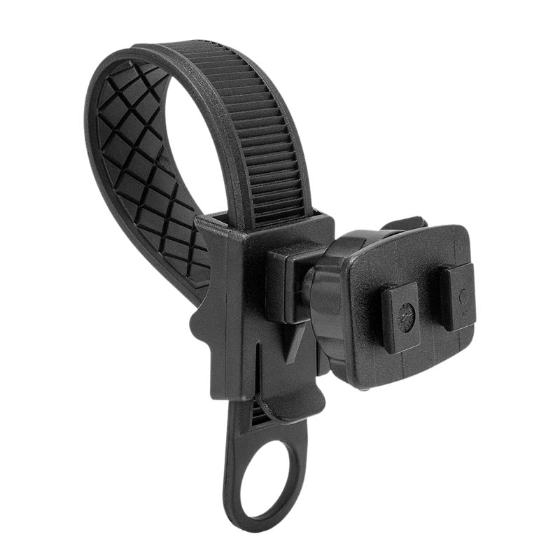 The Bike or Motorcycle Handlebar Strap Mounting Pedestal is a black plastic adjustable handlebar strap mount with a ribbed strap and swiveling connector for attaching accessories; ideal as a universal smartphone holder.