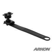 The Bike or Motorcycle Handlebar Strap Mounting Pedestal, featuring a black ratchet and locking mechanism, secures devices and is shown on a white background with the ARKON logo in the bottom right corner.