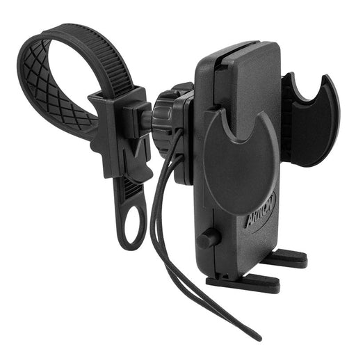 The Bike or Motorcycle Mega Grip™ Phone Holder Strap Mount for iPhone, Galaxy, and Note is a universal black mount with rubber straps and a rotating clamp that securely attaches your phone to bicycle or motorcycle handlebars.