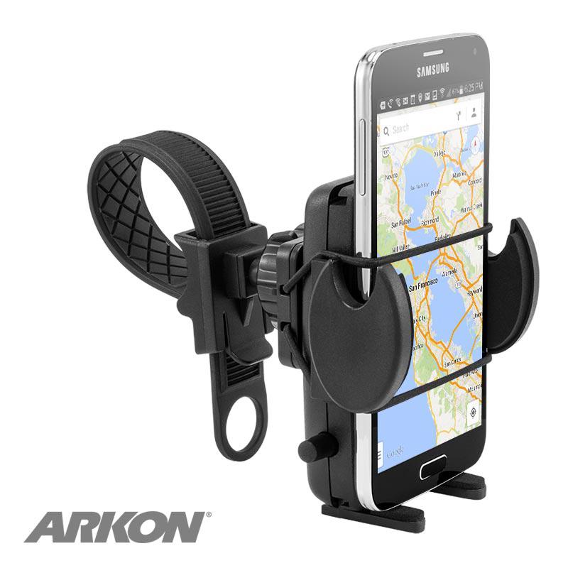 A black Bike or Motorcycle Mega Grip™ Phone Holder Strap Mount is attached to a handlebar, securely holding a Samsung phone with a map. The Arkon logo in the lower left highlights this universal mount for iPhone, Galaxy, and Note in action.
