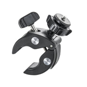 The Handlebar Clamp Camera Mount is a black adjustable clamp with a screw knob and threaded mount, designed for securely attaching cameras or accessories to poles, bikes, or motorcycles.