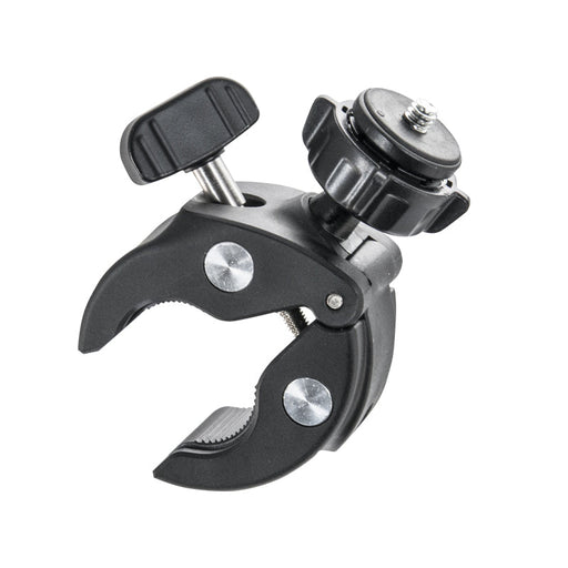 The Handlebar Clamp Camera Mount is a black adjustable clamp with a screw knob and threaded mount, designed for securely attaching cameras or accessories to poles, bikes, or motorcycles.