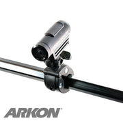 A compact CONTOUR action camera is attached to a metal pole with the Handlebar Clamp Camera Mount. The ARKON logo appears in the bottom left corner.