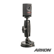 A black Camera Desk or Window Suction Mount for MEVO Live Streaming and Live Video Camera, with a large suction cup base and Arkon logo, holds a small camera—perfect for mounting your MEVO camera on desks or windows.