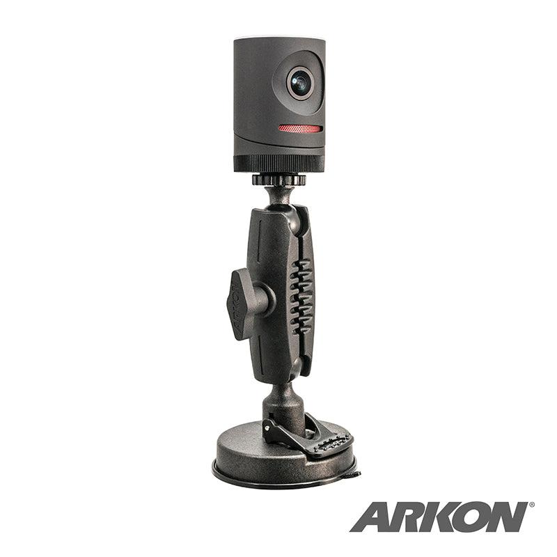 A black Camera Desk or Window Suction Mount for MEVO Live Streaming and Live Video Camera, with a large suction cup base and Arkon logo, holds a small camera—perfect for mounting your MEVO camera on desks or windows.