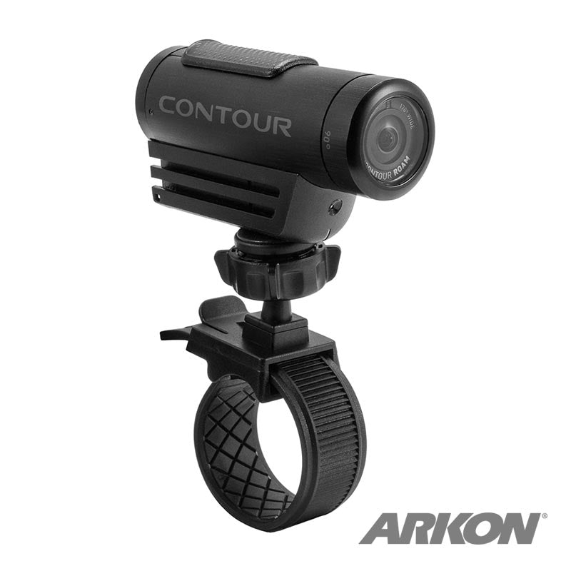 A Camera Holder with Handlebar Strap Mount for Canon, Sony, Samsung, Panasonic, and Nikon cameras is shown mounted on a bike with an adjustable strap against a white background and the Arkon logo in the bottom right corner.