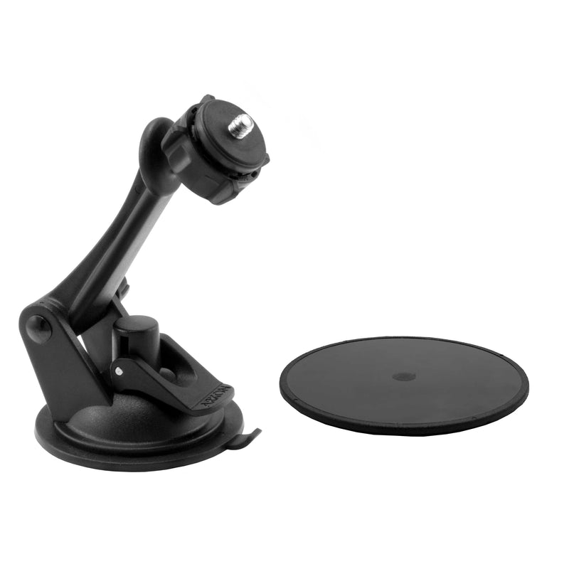 A Camera Holder with Sticky Suction Mount and Adhesive Disk is shown on a white background; the black holder features an adjustable arm and is ideal for use as a dash or windshield mount, with the round adhesive disk placed nearby.