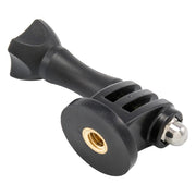 The Camera Mounting Bolt to GoPro HERO Mount Connection Adapter is a black plastic and metal 1/4-20 tripod mount adapter with a knurled screw for attaching action cameras to tripods or other mounts.