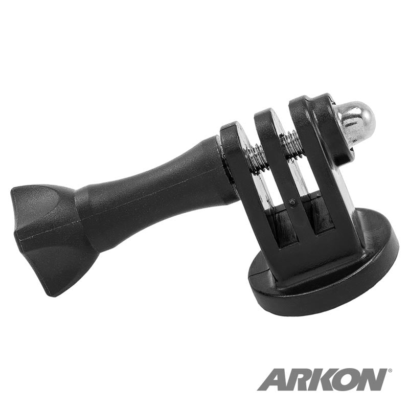 The Camera Mounting Bolt to GoPro HERO Mount Connection Adapter is a black accessory with a pivoting arm and base, featuring a 1/4-20 to GoPro adapter for versatile camera use. The ARKON logo is displayed in the bottom right corner.