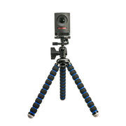 A Mevo live streaming camera is mounted on the Camera Tripod Mount for Mevo, featuring three flexible legs with black and blue foam grips, standing upright on a white background.