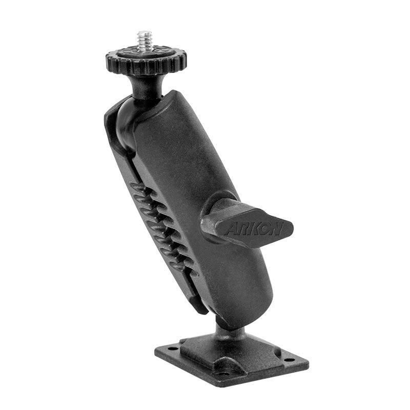 A black camera wall mount with a swivel base and side lever labeled ARKON for adjusting angles—compatible with Nikon, Sony, Canon, Fujifilm, and Olympus cameras; ideal as a security camera mount.