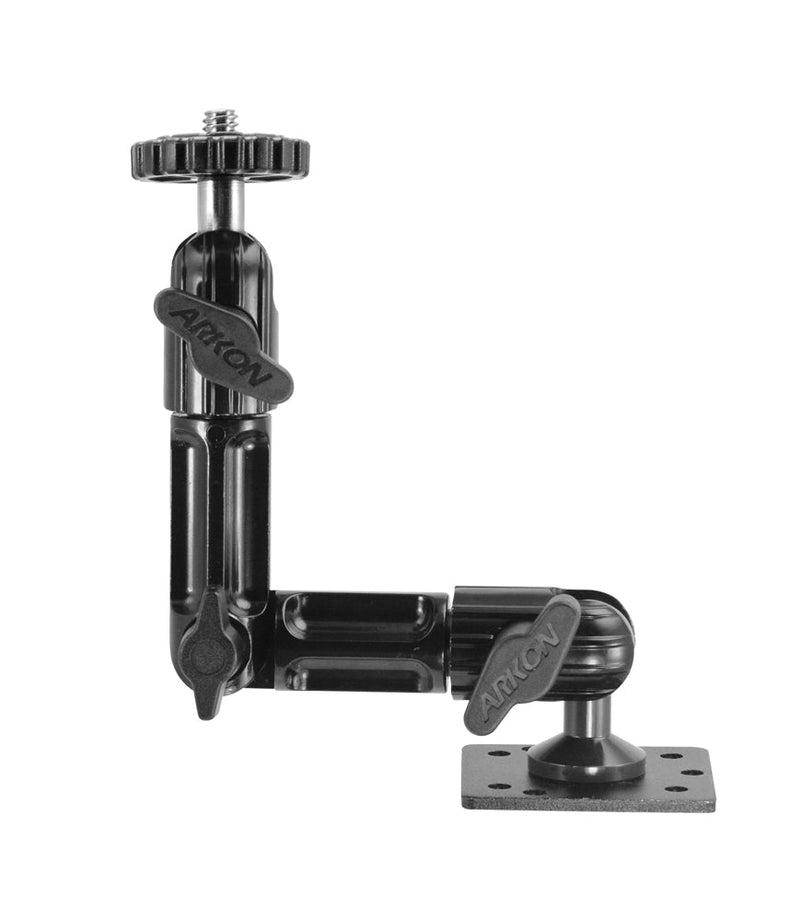 The Camera Wall Mount with Multi-Angle Arm for Security Camcorders & Cameras features a black adjustable arm with joints, flat base plate, and threaded screw—ideal for securely mounting security cameras or CCTV equipment.