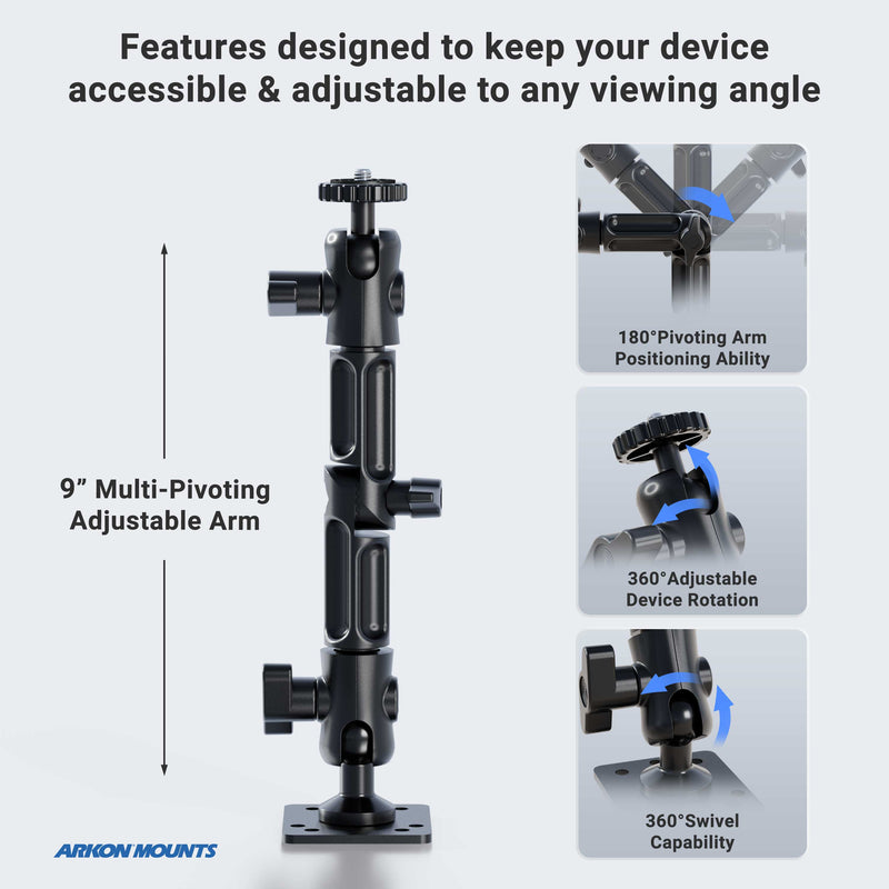 A black Camera Wall Mount with Multi-Angle Arm for Security Camcorders & Cameras is shown, featuring inset images of its 180° pivoting, 360° rotation, and 360° swivel; Arkon Mounts logo appears at the bottom left.