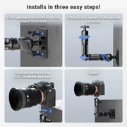 Four-step installation for the Camera Wall Mount with Multi-Angle Arm: 1) Screw mount to wall, 2) Adjust and tighten arm, 3) Attach security camera to mounting screw, 4) Finish with camera properly positioned.
