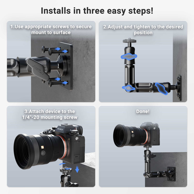 Four-step installation for the Camera Wall Mount with Multi-Angle Arm: 1) Screw mount to wall, 2) Adjust and tighten arm, 3) Attach security camera to mounting screw, 4) Finish with camera properly positioned.