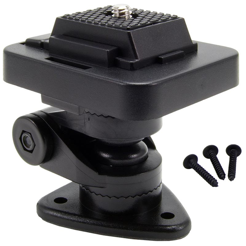 The Multi-Angle Adhesive or Drill Base Mount with Camera Mounting Pattern is shown in black, featuring an adjustable bracket with a 1/4-20 screw top and three matching black screws on a white background.