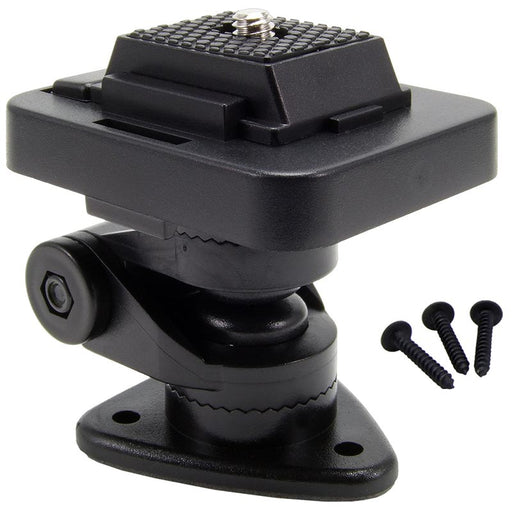 The Multi-Angle Adhesive or Drill Base Mount with Camera Mounting Pattern is shown in black, featuring an adjustable bracket with a 1/4-20 screw top and three matching black screws on a white background.