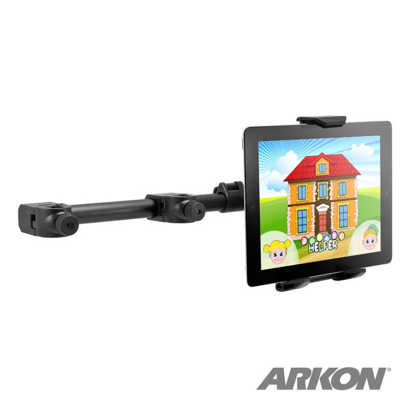 The Car Headrest Extension Tablet Mount for iPad, Note, and more holds a tablet with a cartoon house and characters. Extended horizontally, it features the ARKON logo and is ideal for rear seat entertainment.