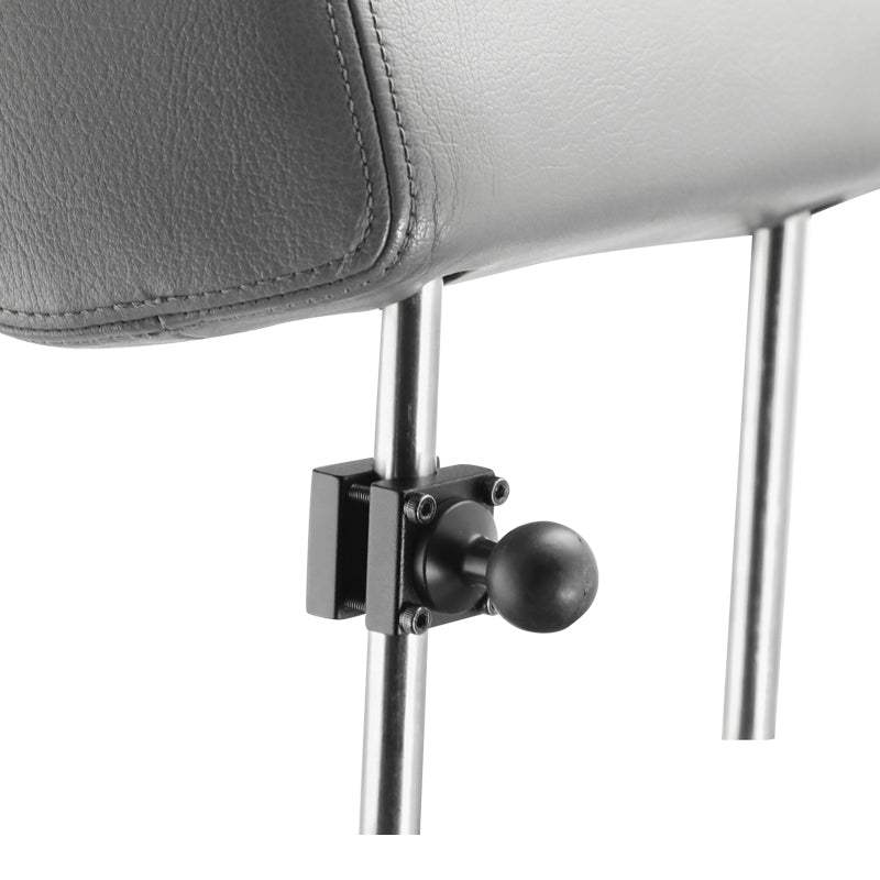 Close-up of a gray car seat headrest with metal rods, featuring a Car Headrest Mount Pedestal - 25mm (1 inch) Ball Compatible attached to one rod.