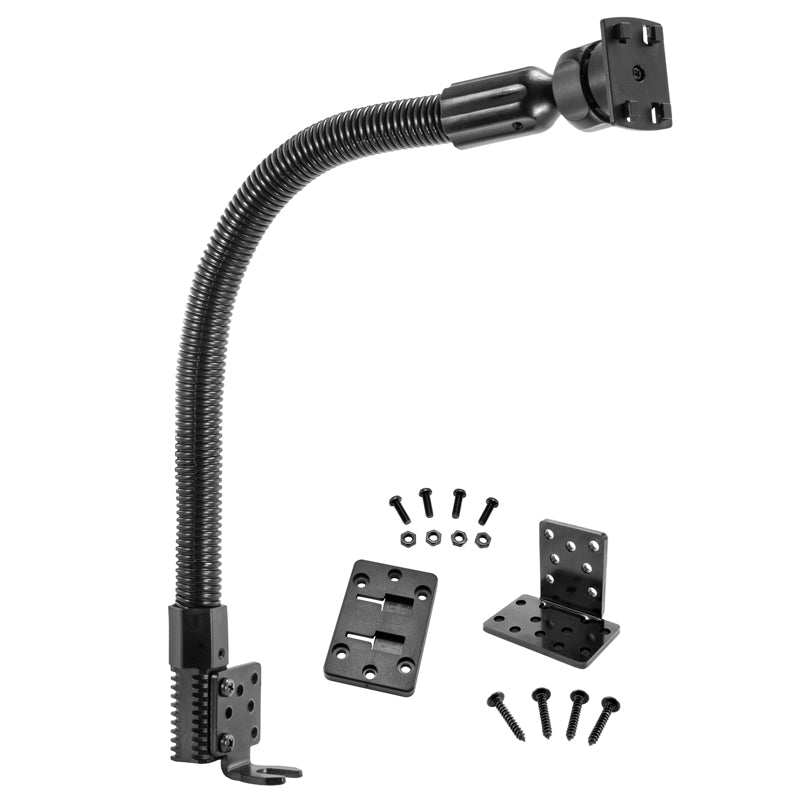 The Car or Truck Seat Rail or Floor Mount - Herbert Richter iGRIP 4-Prong Compatible includes a flexible black mounting arm with adjustable joints, a 4-Prong pattern, various mounting plates, screws, and all necessary hardware.