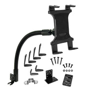 The Car or Truck Seat Rail or Floor Slim-Grip® Tablet Mount, shown in black with a flexible gooseneck, multiple brackets, and hardware, is ideal as a car seat rail tablet holder or truck ELD mount.