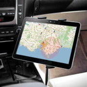 A Car or Truck Seat Rail or Floor Slim-Grip® Tablet Mount holds a tablet in the car, displaying a route map with marked points for navigation or directions while driving.