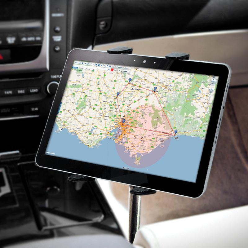 A Car or Truck Seat Rail or Floor Slim-Grip® Tablet Mount holds a tablet in the car, displaying a route map with marked points for navigation or directions while driving.