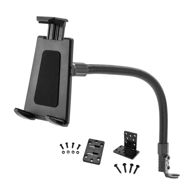 The Car or Truck Seat Rail or Floor Tablet Mount with 22 Gooseneck for iPad, Note, and more features a flexible arm and includes mounting brackets and screws for easy installation; shown on a white background.